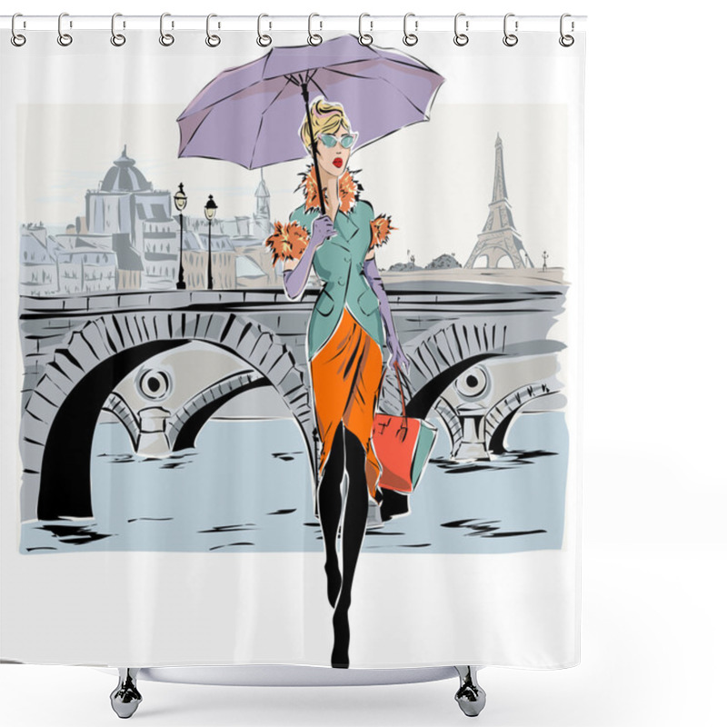 Personality  Fashion Models In Sketch Style Fall Winter With Paris City Background Shower Curtains