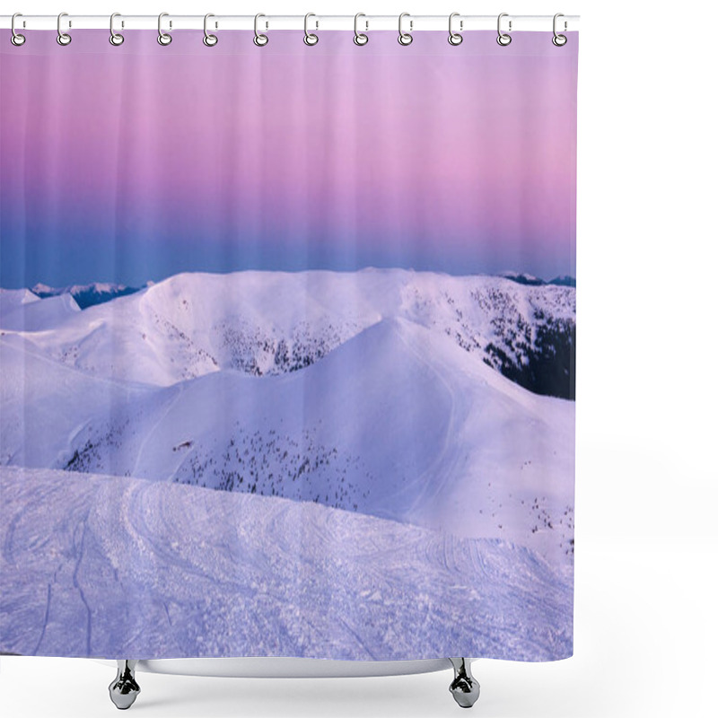 Personality  Amazing Sunrise In The Mountains In Winter. Snow-covered Peaks Of Mountains In The Rays Of The Sunrise In The Winter Frosty Morning. Shower Curtains