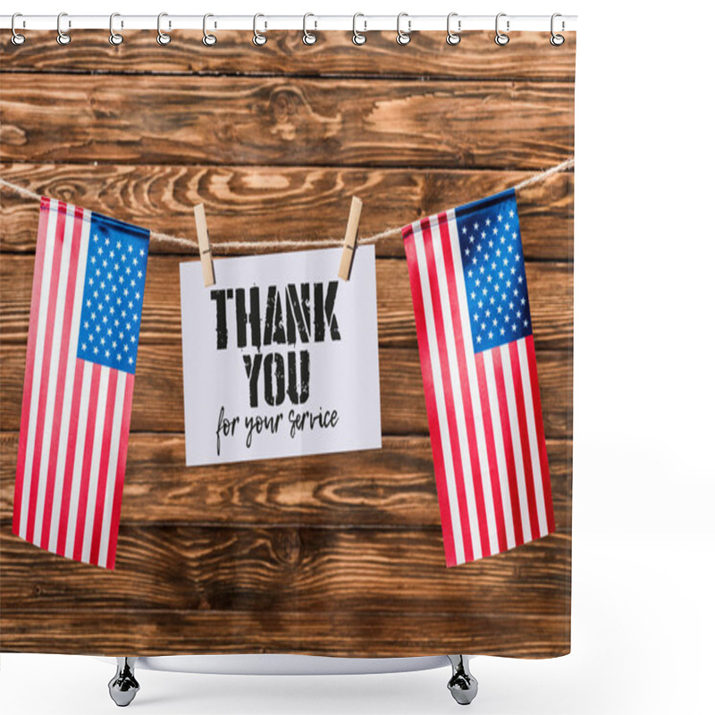 Personality  Card For Veterans Day Hanging On String With Pins And American Flags On Wooden Background Shower Curtains