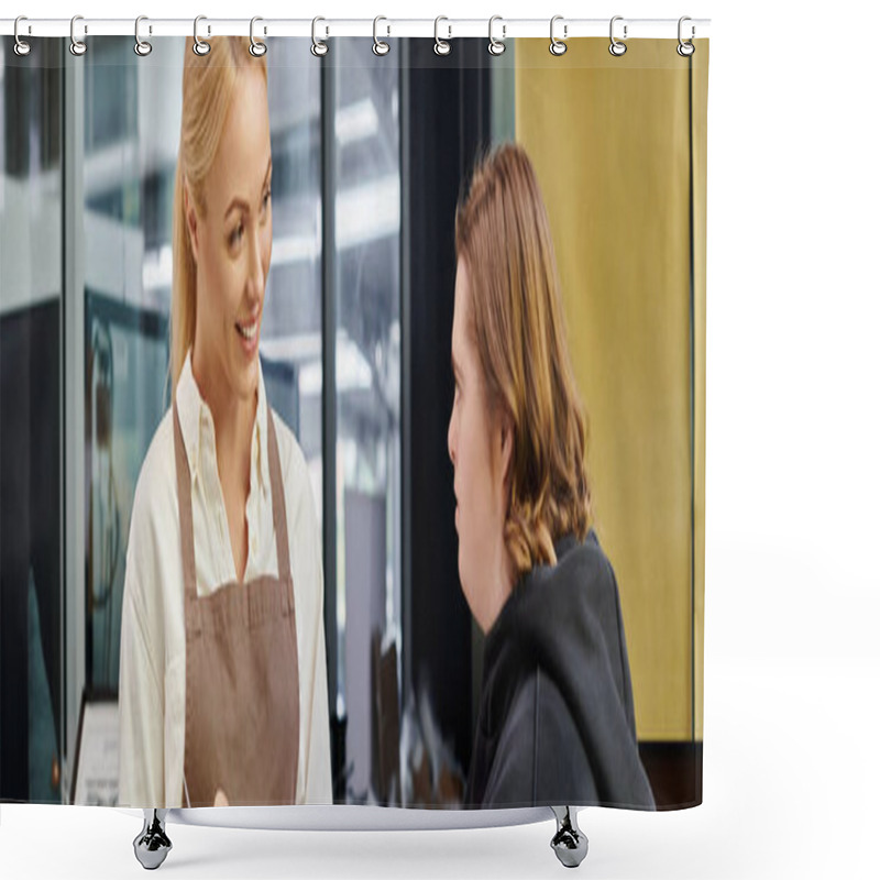 Personality  Cheerful Cafe Administrator Talking To Young Female Employee With Down Syndrome, Horizontal Banner Shower Curtains