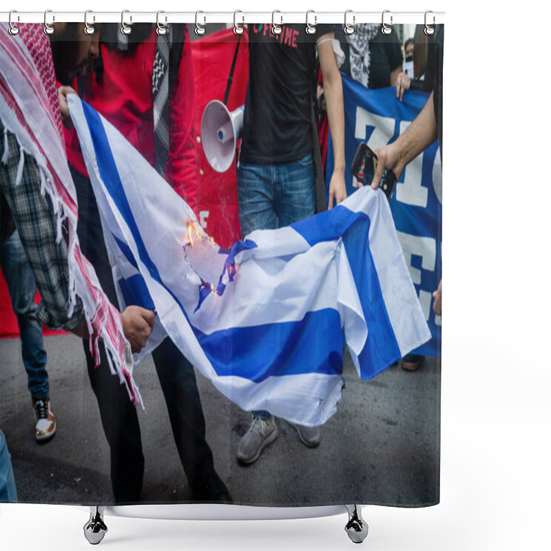 Personality  NEW YORK, UNITED STATES - May 15, 2021: Pro-Palestine, Anti-Israel Protesters Hold A Rally In New York City During Fighting Between Israel And Hamas In The Gaza Strip Shower Curtains