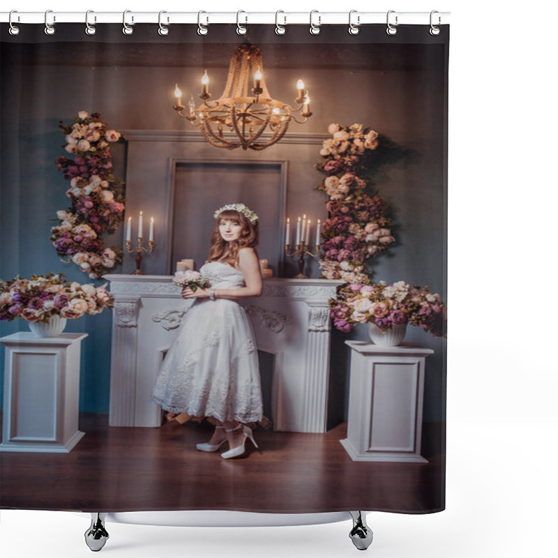 Personality  Portrait Of Happy Young Bride In A Classic Interior Near The Fireplace With Flowers. Wedding Day, Love Theme. First Day Of A New Family Shower Curtains