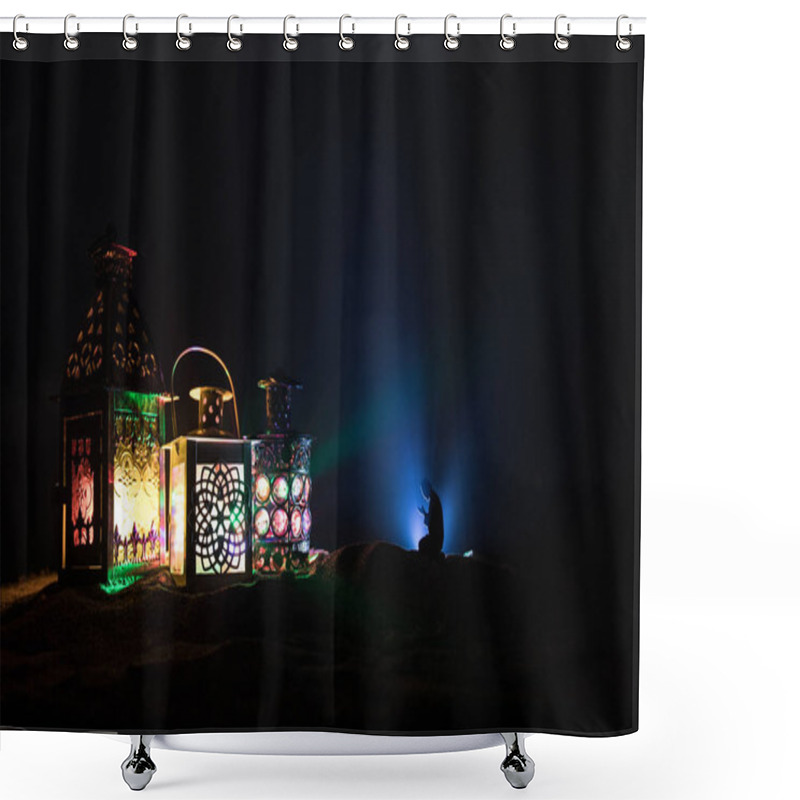 Personality  Ornamental Arabic Lantern With Burning Candle Glowing At Night. Festive Greeting Card, Invitation For Muslim Holy Month Ramadan Kareem. Shower Curtains