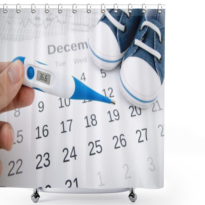 Personality  Electronic Thermometer In Fertility Concept On Calendar Shower Curtains