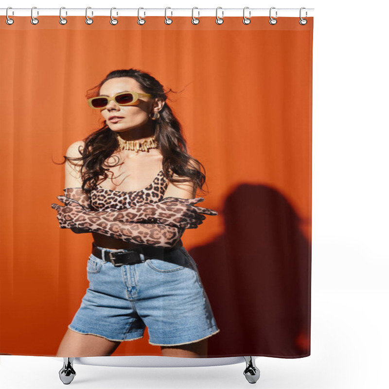 Personality  A Stylish Woman Wearing Leopard Print Top And Denim Shorts, Exuding Summertime Vibes, On An Orange Background. Shower Curtains