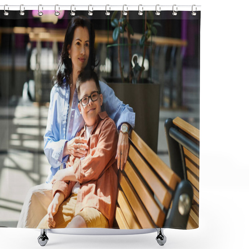 Personality  A Mother And Her Son With Down Syndrome Share A Heartwarming Moment In A Shopping Mall. Shower Curtains