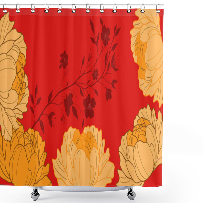 Personality  Floral Design With Large Yellow Peonies On A Red Background. For Elegant, Botanical, And Decorative Projects Shower Curtains