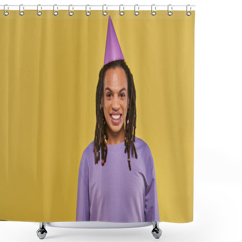 Personality  Cheerful African American Man With Birthday Hat And Pierced Lip Smiling At Camera, Birthday Shower Curtains