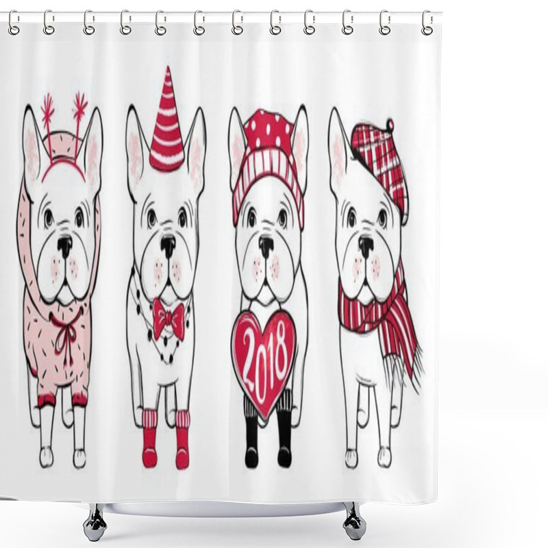 Personality  Merry Christmas Set With Funny Dog. Hand Drawn Vector French Bul Shower Curtains