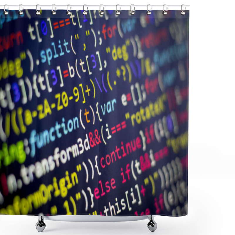 Personality  Minificated Web Development Javascript Code Close Up. Abstract Information Digital Technology Modern Background. HTML5 Concept Macro Backdrop In Cold Colors. Screen Of Web Developer. Shower Curtains