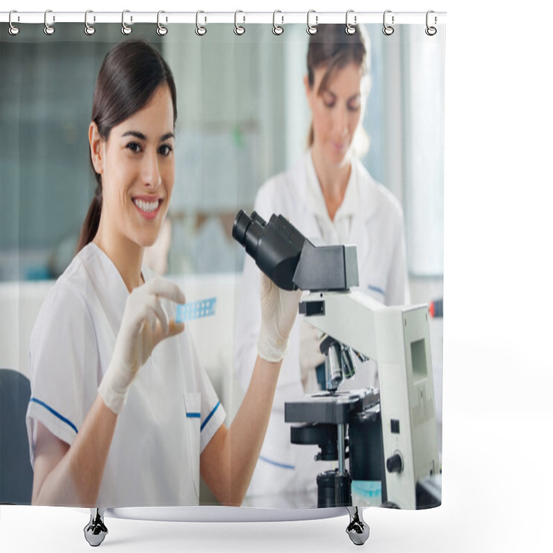 Personality  Female Researcher Using Microscope In Lab Shower Curtains