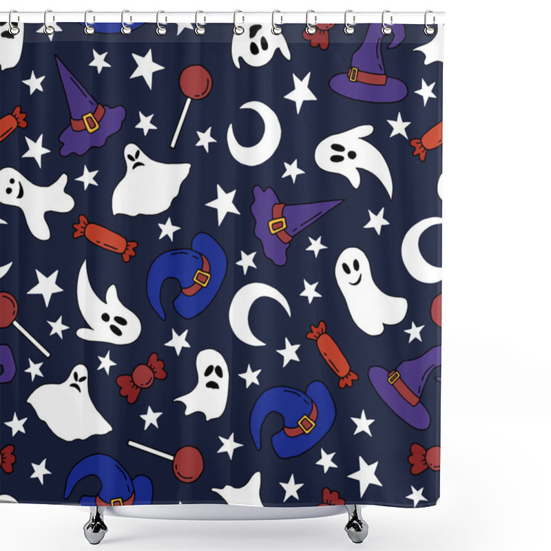 Personality  Halloween. Seamless Pattern With Ghosts, Hats, Candies, Stars And Moon. Whimsical Hand-drawn Illustrations. Design For Packaging, Fabric, Wallpaper. Shower Curtains