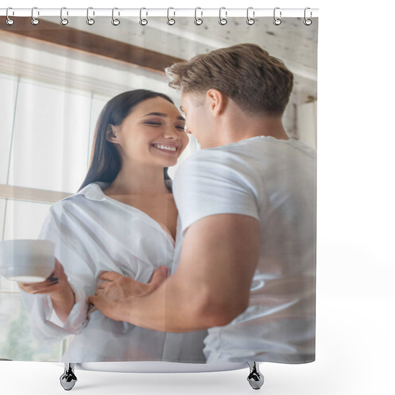 Personality  Caucasan Boyfriend Hugging Smiling Asian Woman With Cup Of Coffee At Home Shower Curtains