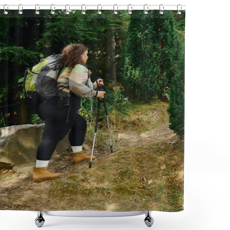 Personality  A Plus Size Woman Joyfully Explores A Vibrant Forest, Embracing The Beauty Of Nature. Shower Curtains