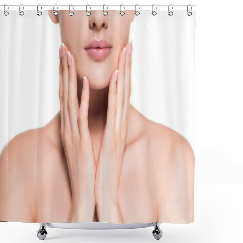 Personality  Cropped Shot Of Young Woman With Clear Skin Touching Her Face Isolated On White Shower Curtains