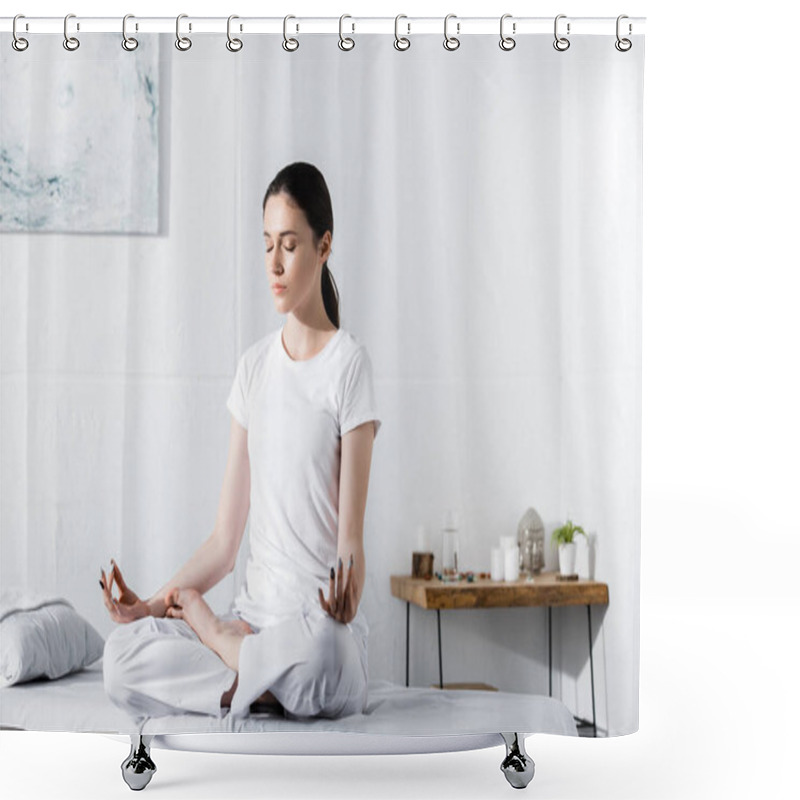 Personality  Young Woman Sitting In Lotus Pose With Closed Eyes On Massage Table Shower Curtains