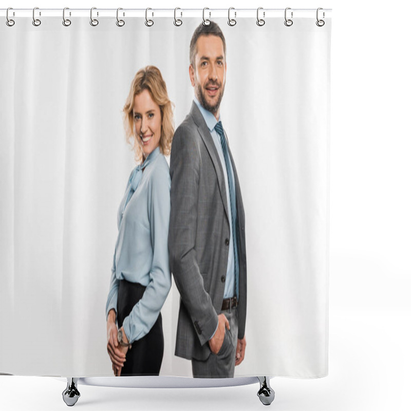 Personality  Side View Of Professional Business Colleagues Standing Together And Smiling At Camera Isolated On White    Shower Curtains