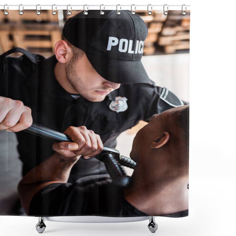 Personality  Angry Police Officer In Cap With Police Lettering Holding Truncheon While Arresting African American Man Shower Curtains