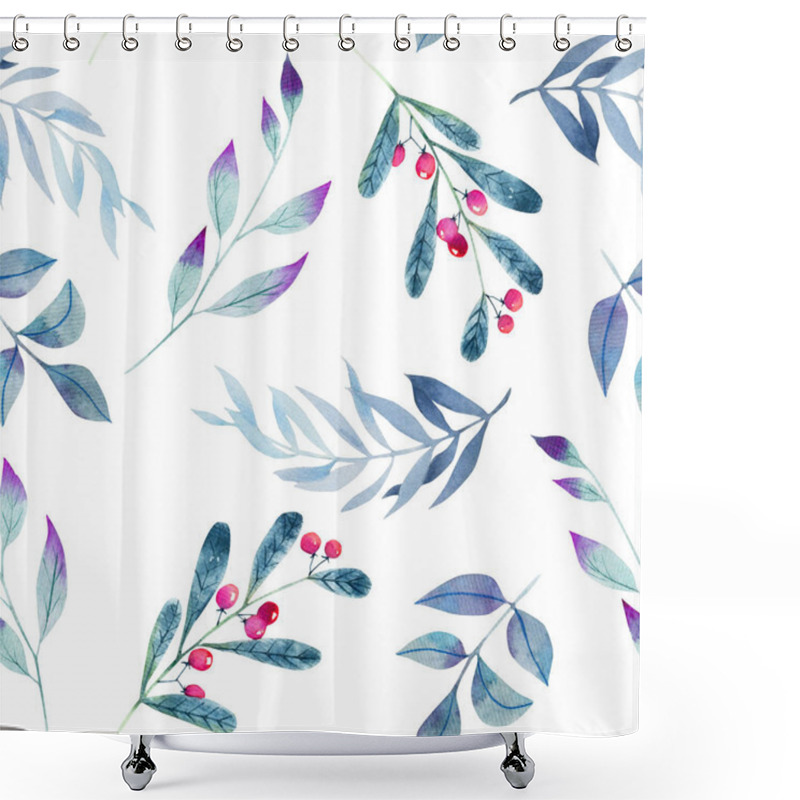 Personality  Watercolor Winter Christmas Blue Branches And Red Berries Seamless Pattern, Hand Drawn On A White Background Shower Curtains