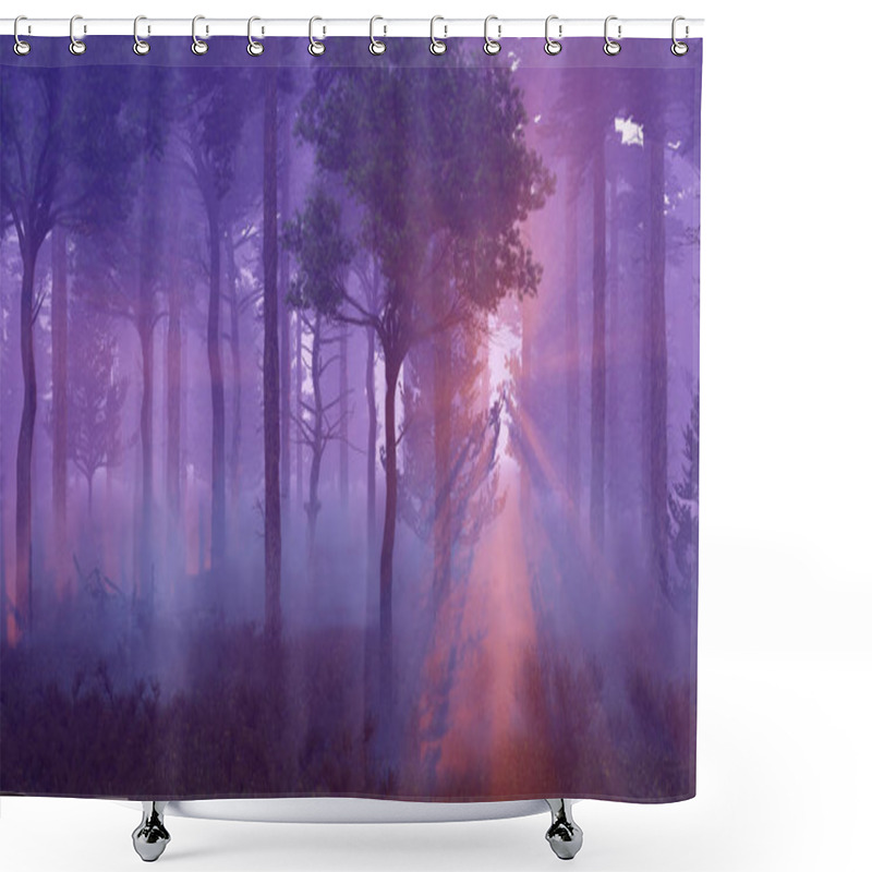 Personality  Scenic Sunset In Misty Dark Pine Forest Shower Curtains