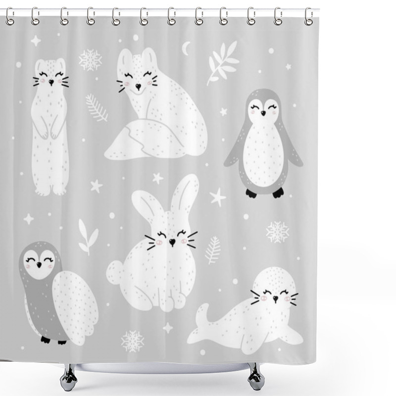 Personality  Cute Collection Of Winter Animals: Ermine, Fox, Penguin, Owl, Rabbit And Seal With Abstract Dots, Stars And Winter Elements. Monochrome Hand Drawn Scandinavian Style Vector Illustration. Shower Curtains