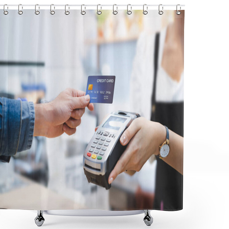 Personality  Customer Using Credit Card For Payment To Owner At Cafe Restaurant, Cashless Technology And Credit Card Payment Concept Shower Curtains