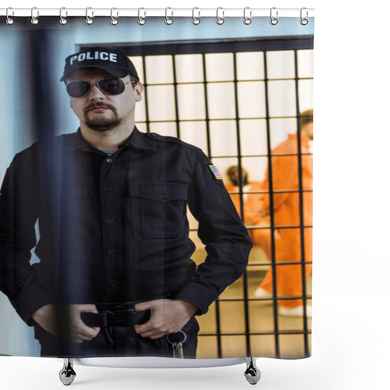 Personality  Police Officer Standing Near Prison Cell With Multicultural Inmates Shower Curtains