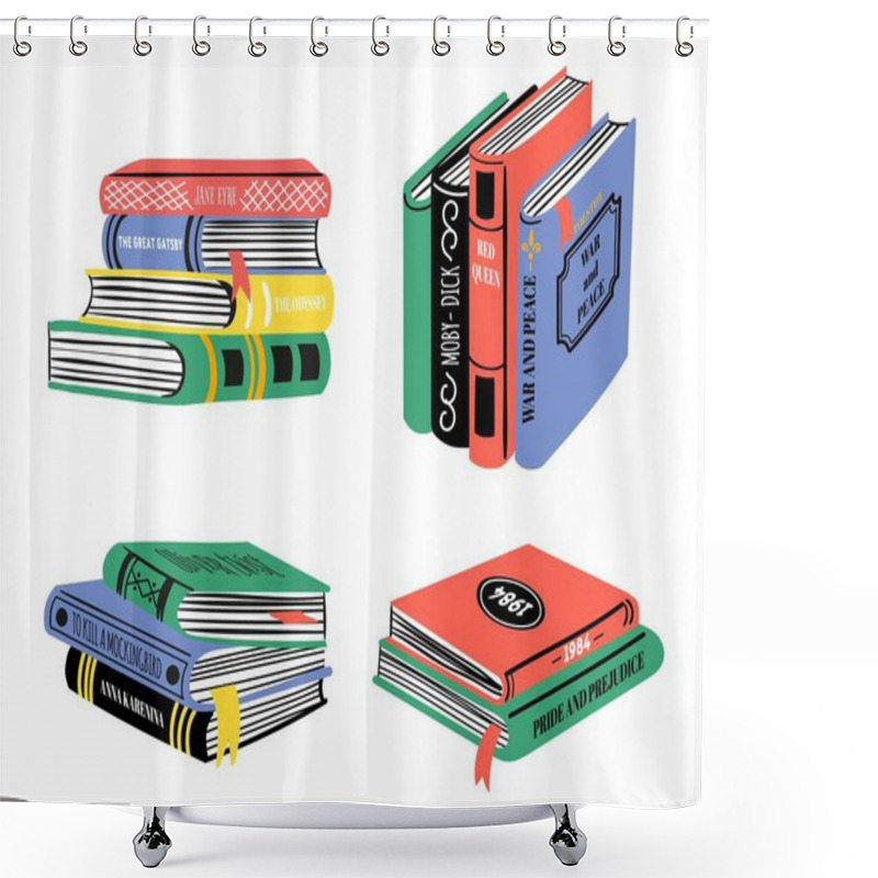 Personality  Pile Of Bestseller Books. Hand Drawn Classic Literature Stacks. Popular Book Design For Library Or Bookstore. Doodle Education Vector Set Shower Curtains