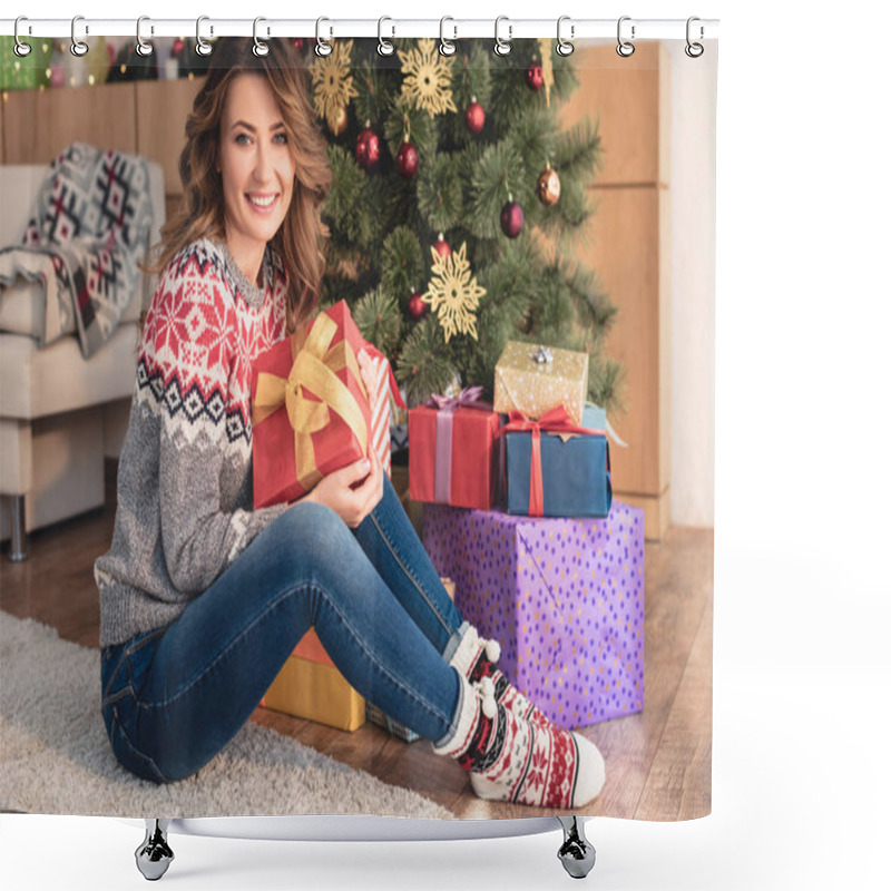 Personality  Happy Attractive Woman Preparing Gifts For Christmas Eve At Home And Looking At Camera Shower Curtains