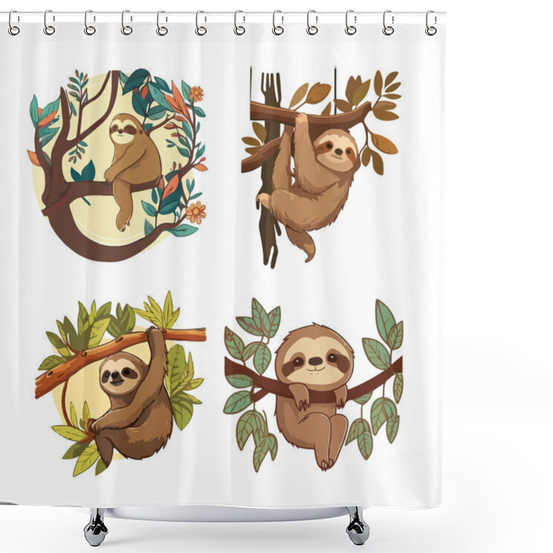 Personality  Several Funny Cartoon Sloths On A Tree. For Your Design Shower Curtains