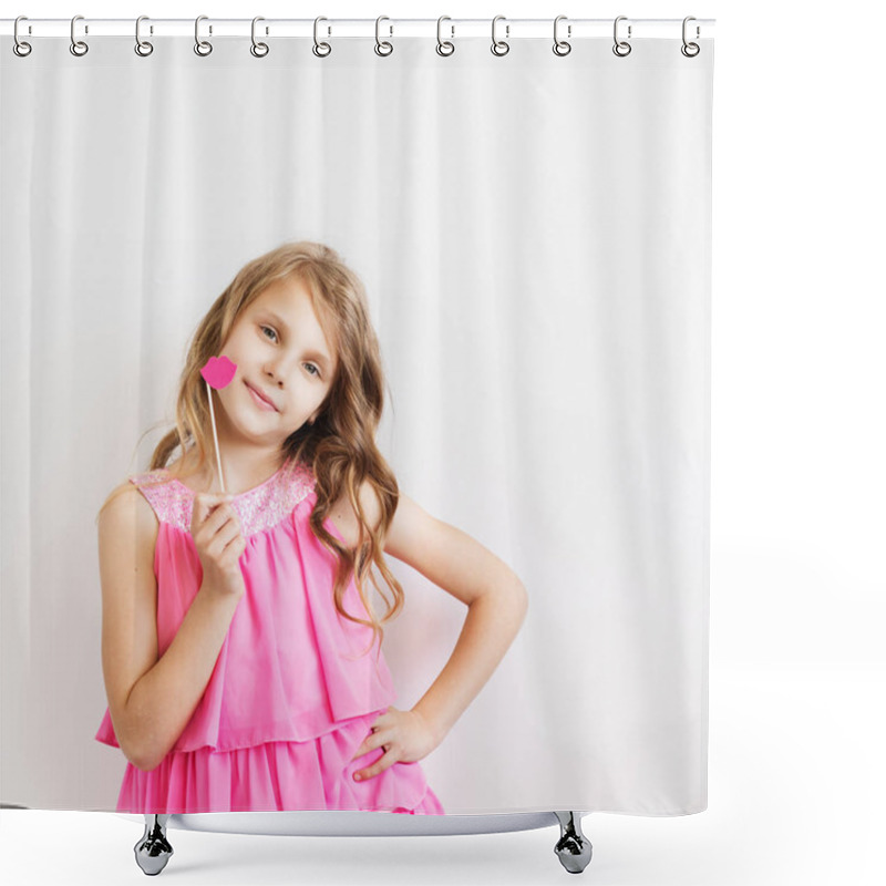 Personality  Portrait Of A Lovely Little Girl With Funny Pink Paper Lips  Shower Curtains