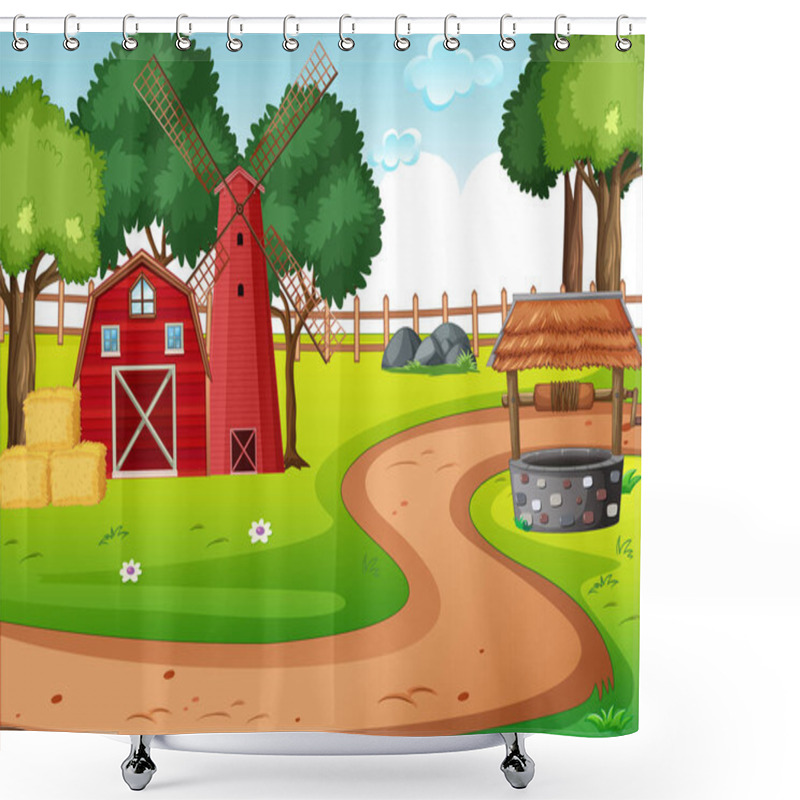 Personality  Barn And Widmill In Farm Scene Illustration Shower Curtains