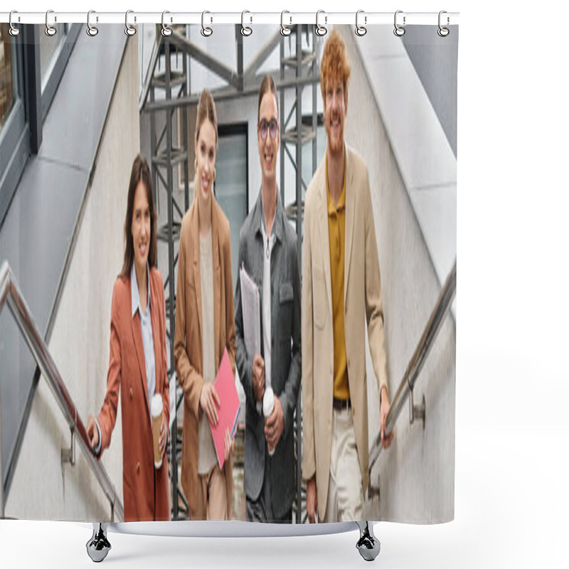 Personality  Cheerful Teammates In Smart Casual Attire Posing On Stairs And Looking At Camera, Coworking, Banner Shower Curtains