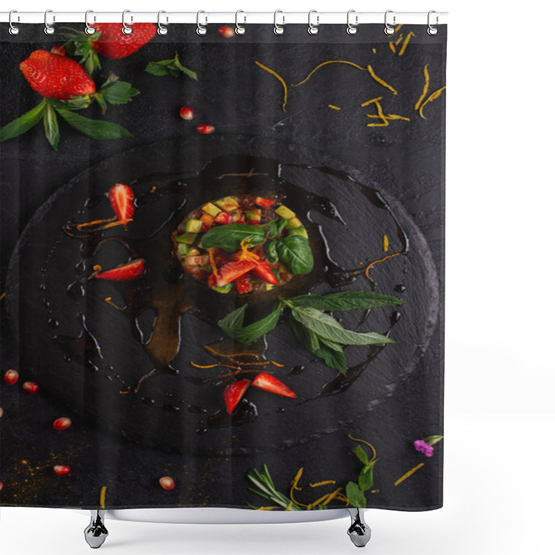 Personality  Vegetable Ceviche With Strawberries Served On Slate On Black Background Shower Curtains