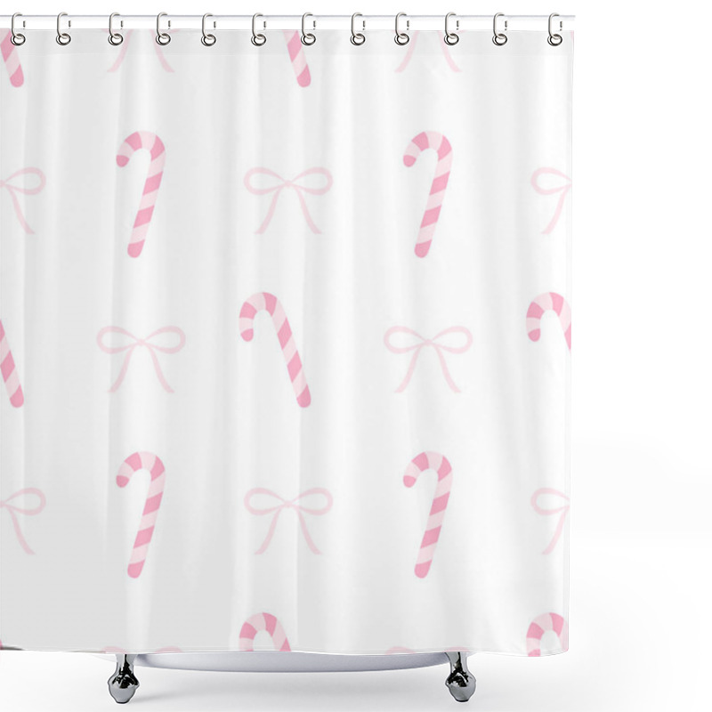 Personality  Candy Cane, Pink Bows. Vector Seamless Pattern On White Background In Pastel Colors. Cute Flat Illustration For Christmas Shower Curtains