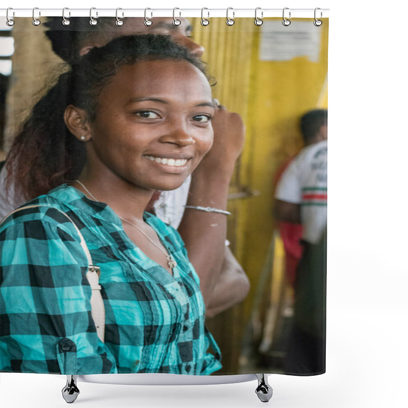 Personality  Nosy Be, Madagascar - January 17th, 2019: Portrait Of A Malagasy Woman Looking Camera At The Central Market In Nosy Be, Madagascar. Shower Curtains