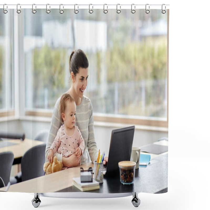 Personality  Mother With Baby And Laptop Working At Home Office Shower Curtains