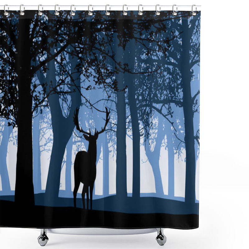 Personality  Illustration Of Silhouette Of A Deer With Deciduous Forest Blue Sky - Vector Shower Curtains