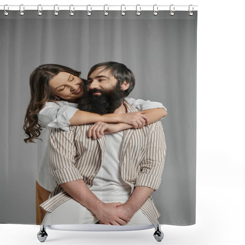 Personality  A Man And Woman, Dressed In Sophisticated Attire, Pose Together In A Studio. Shower Curtains