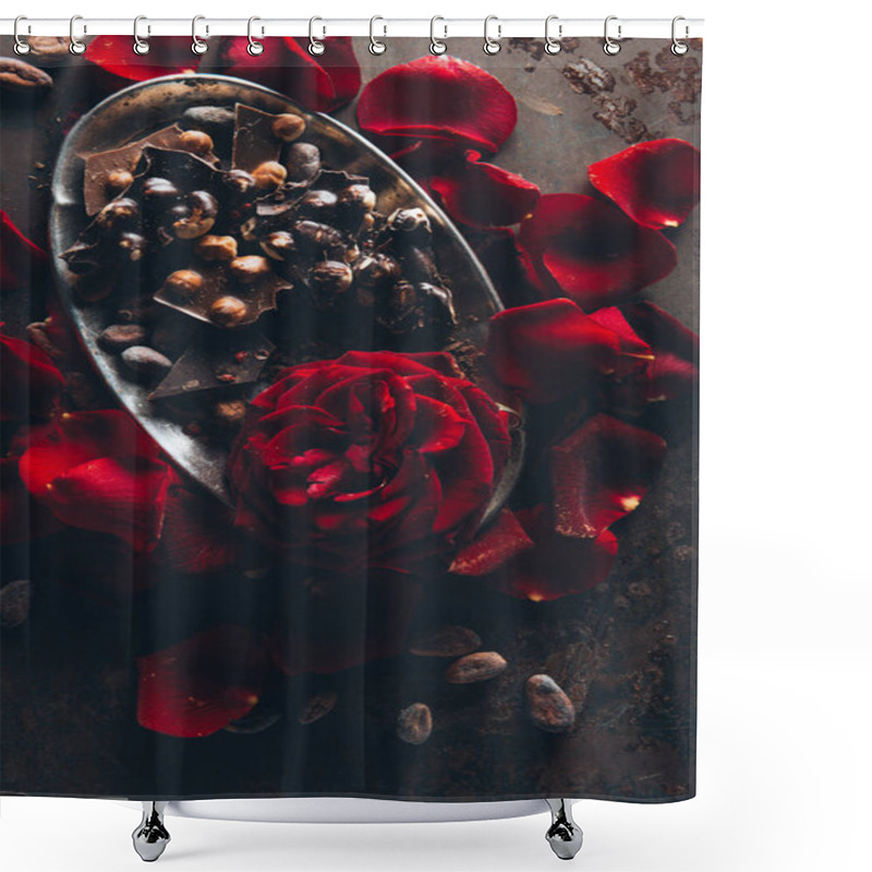 Personality  Top View Of Beautiful Red Rose Petals And Gourmet Chocolate With Hazelnuts On Dark Surface Shower Curtains