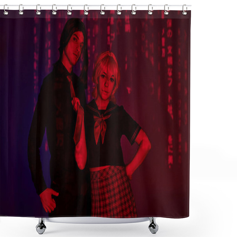 Personality  Anime Woman In Students Uniform Pulling Tie Of Man In Red Neon Light On Purple Abstract Backdrop Shower Curtains