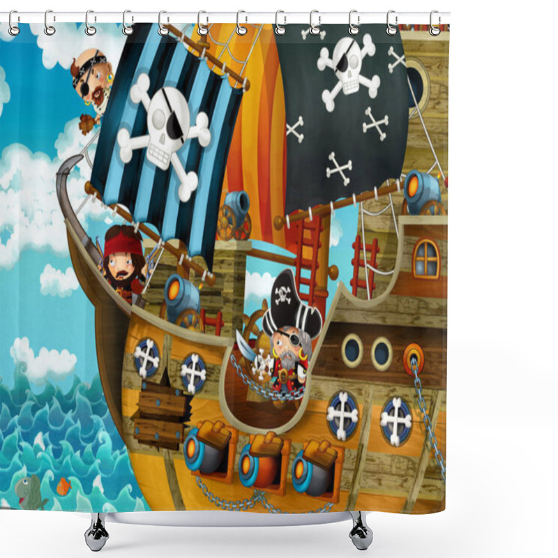 Personality  Cartoon Scene With Pirate Ship Sailing Through The Seas With Scary Pirates - Illustration For Children Shower Curtains