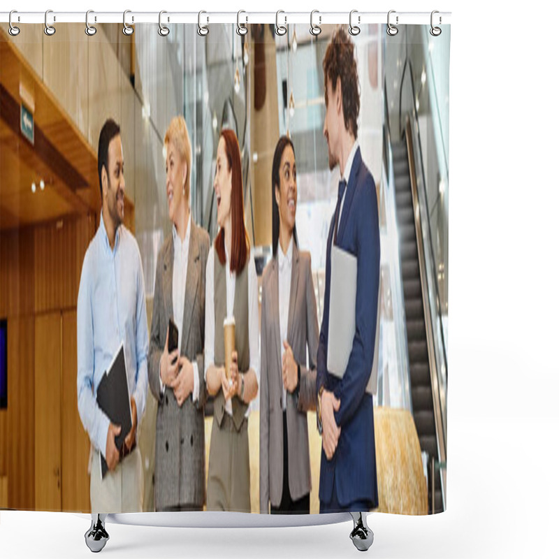 Personality  A Diverse Group Of Business Professionals Stand In A Circle, Discussing Work Strategies. Shower Curtains