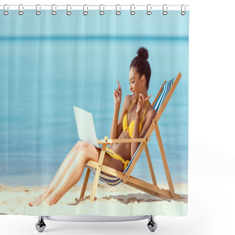 Personality  Smiling African American Woman Gesturing By Fingers And Communicating By Laptop While Sitting On Deck Chair On Sandy Beach  Shower Curtains