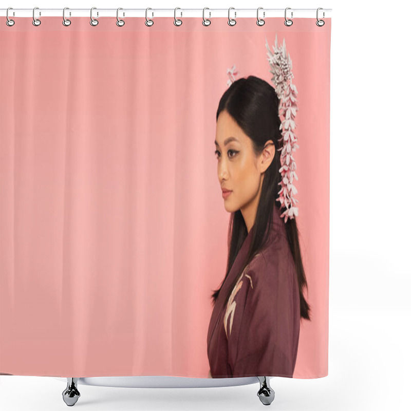 Personality  Young Asian Woman With Hairsticks Looking Away Isolated On Pink  Shower Curtains