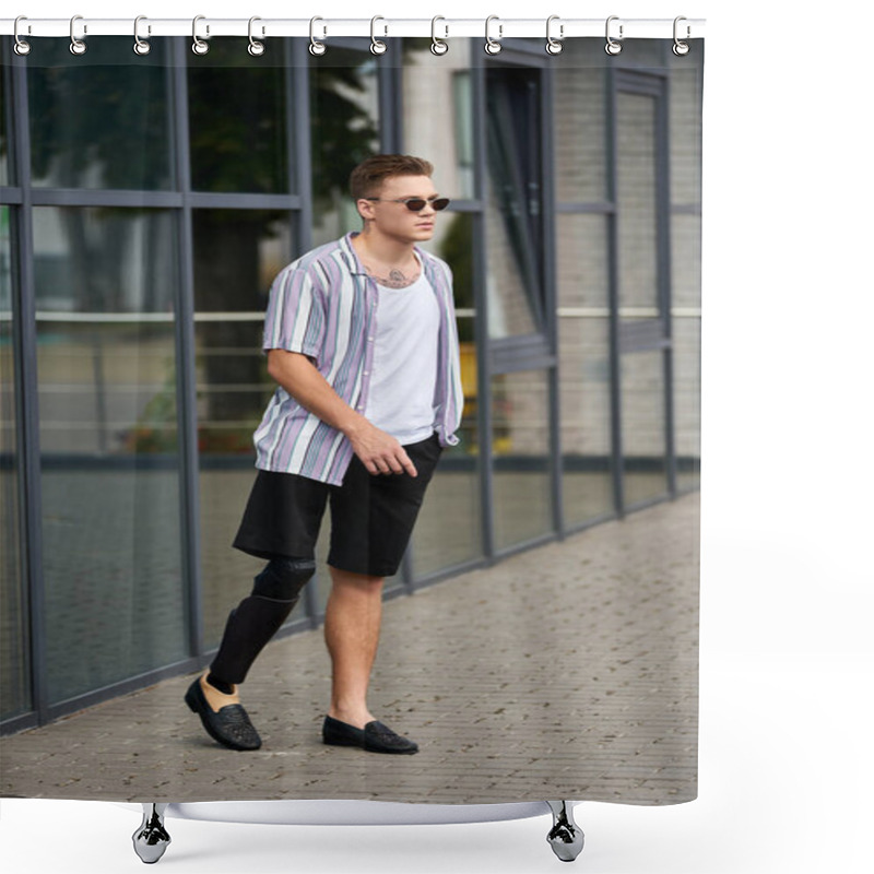 Personality  Young Man With A Prosthetic Leg Strolls Casually Along A Stylish Urban Area. Shower Curtains