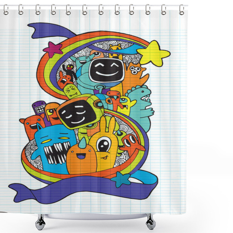 Personality  Hand Drawn Aliens , Monsters And Robot Cartoon Doodle Shower Curtains