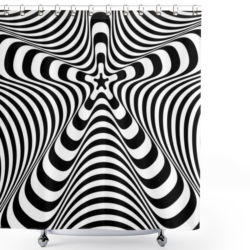 Personality  Abstract Twisted Black And White Background. Optical Illusion Of Distorted Surface. Twisted Stripes. Stylized 3d Texture. Vector Illustration. Shower Curtains