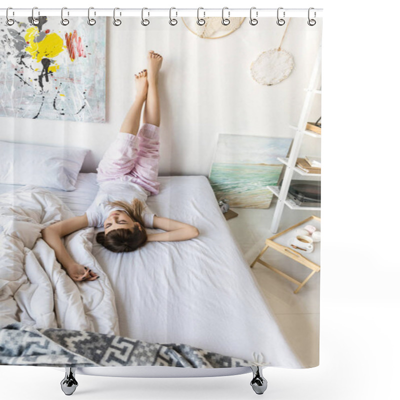 Personality  Young Woman In Pajamas Resting On Bed In Morning At Home Shower Curtains