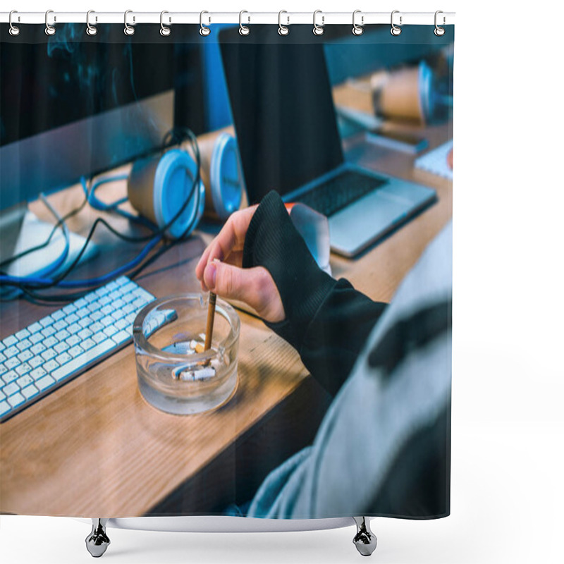 Personality  Cropped Shot Of Hacker Putting Cigarette Into Ashtray Shower Curtains